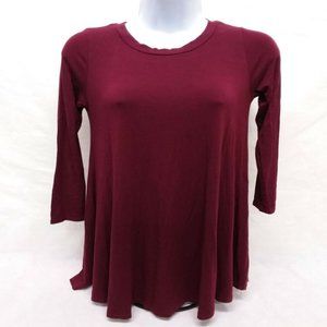Women's Large Vintage Havana 3/4 Sleeve Solid Burgundy Round Neck Tunic Top